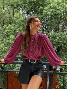 Simplee Women's Autumn Solid Color Lantern Sleeve Long Sleeve Blouse, Elegant Top, Back To School, Teacher Outfit - Red Violet - View 4