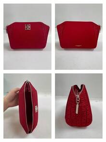 Red Zipper Cosmetic Pouch, Silver‑Tone 4G Metal Logo Makeup Bag, Embossed Geometric Side Panel Travel Storage Pouch Luxury Beauty Gift For Women GIVENCHY‑GIFT‑13 - Red - View 5