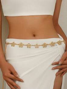 1pc Bohemian Style 3D Flower Rhinestone Chain Waist Chain, Gold/Silver Color, Elegant Sexy Fashion Versatile Women's Body Chain, Palace Style For Party, Ball And Any Holiday Gift - Gold - View 7