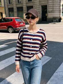 Women Fashion Hollow Out Striped Knitted Fall Loose Fit Long Sleeve Cardigan - Blue - View 2