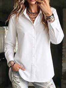 Women's Solid Color Long Sleeve Single-Breasted Casual Commute Shirt - White - View 1