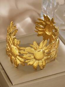 1pc Stainless Steel Fashionable Exaggerated Chunky Sunflower Bracelet Suitable For Women's Daily Wear - Yellow Gold - View 1