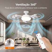 Ventilador de Teto Lustre LED E27 Silencioso com Controle Remoto 3 Mini Helices Integradas Bivolt - Branco - Visão 2