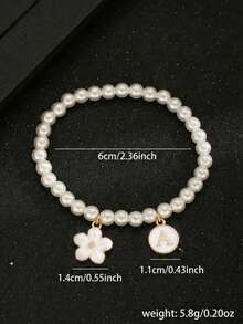1pc Sweet Five-Petal Flower Initial Pendant Pearl Bracelet, Suitable For Summer Outdoor Campus Holiday Daily Wear, Birthday Gift Choice - Style 1 - View 5