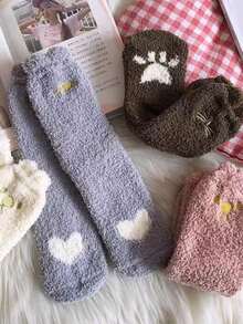 1/2/5 Pairs Cute Cat Paw & Small Ear Design Women's Warm Mid-Calf Socks, Thick Long Socks, Floor Socks, Suitable For Daily Wear And Gifting - Multicolor - View 2