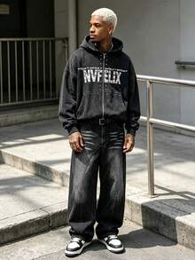 Men's Black Washed Loose Fit Embroidered Stitch Wide Leg Street Style Jeans - Black - View 6