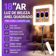 Luz Anelar LED 64W Potente | 180 LEDs 2500‑7500K Luz Fria e Quente, Tripé 2,1m Resistente + 3 Suportes Celular, Controle Bluetooth, Tensão 127/220V para Live Fotos Vídeos - Visão 2