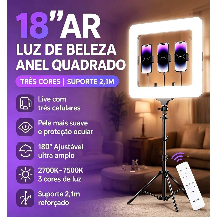 Luz Anelar LED 64W Potente | 180 LEDs 2500‑7500K Luz Fria e Quente, Tripé 2,1m Resistente + 3 Suportes Celular, Controle Bluetooth, Tensão 127/220V para Live Fotos Vídeos