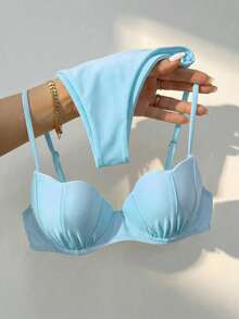 Bikinx Women's Solid Color Shell-Shaped Cup Bikini Set With Spaghetti Strap And Back Tie, Suitable For Beach Vacation Summer - Baby Blue - View 1