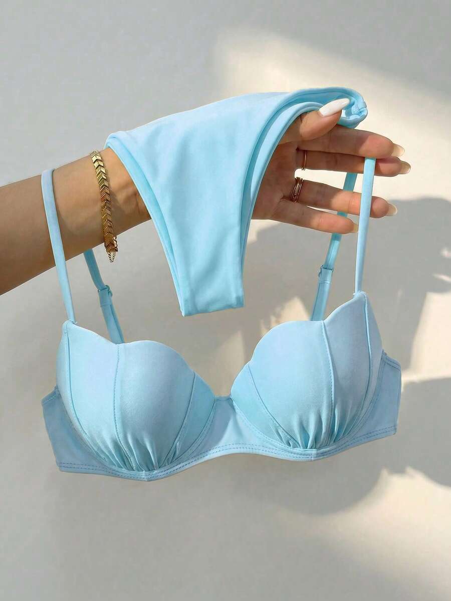 Bikinx Women's Solid Color Shell-Shaped Cup Bikini Set With Spaghetti Strap And Back Tie, Suitable For Beach Vacation Summer - Baby Blue - View 1