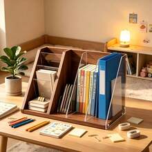 1pc Wooden Acrylic File Organizer, Desktop Vertical Document Holder, Suitable For Office And Home Study To Store Notes And Bills, Office File Classification Rack, Desktop Stationery Organizer, Multi-Compartment Folder Storage Rack - Multicolor - View 2