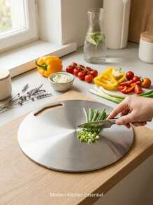 Powcan Stainless Steel Round Cutting Board With Handle, Brushed Metal Finish. Durable Kitchenware For Meat, Veggies, & Dough. Easy-Clean & Lightweight. Ideal For Home Hospitality, School, & Lunch Box Prep. - 1PC - View 7