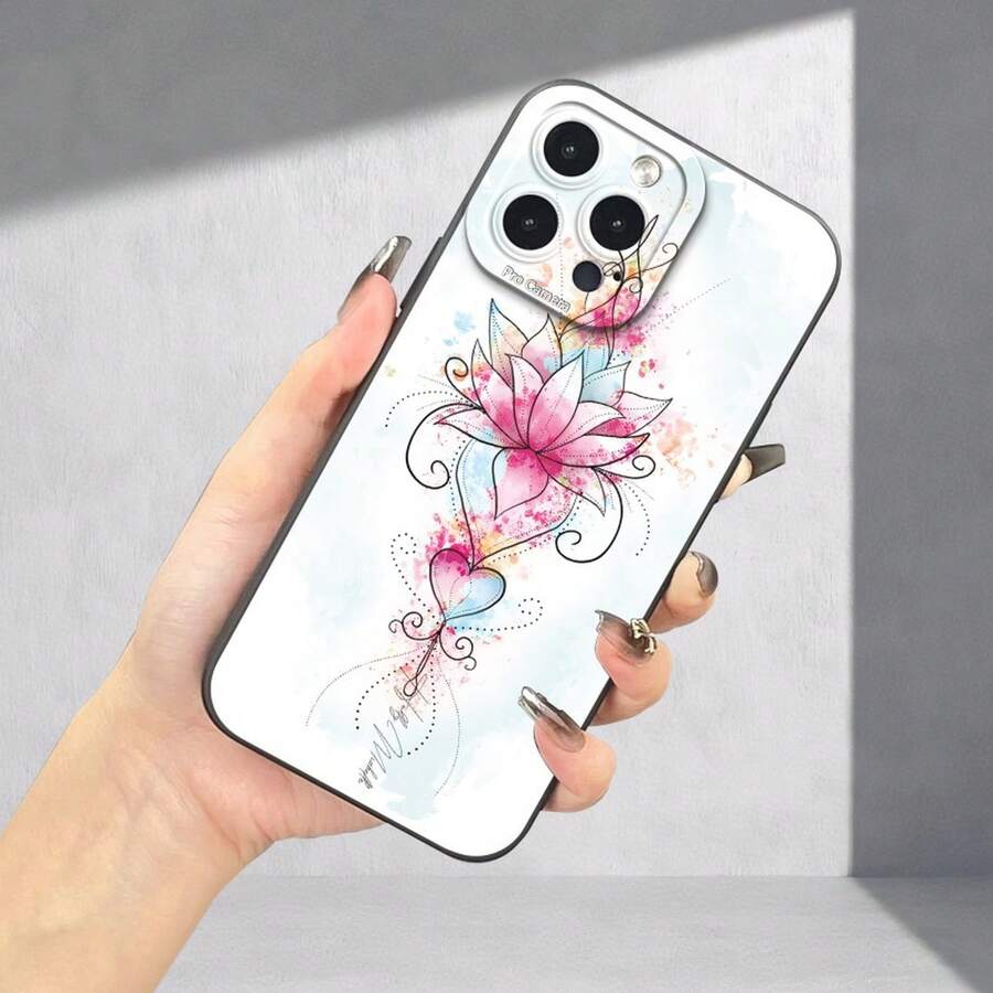 Graffiti Lotus Pattern UV Printing Angel Eyes Soft Phone Case Phone Shell Matte Phone Cover 360 Degree Full Protection For Iphone 11 12 13 14 Pro Max 15 XR X/XS 7 8 Plus SE Mini For Smartphone - 黑色 - 查看 1