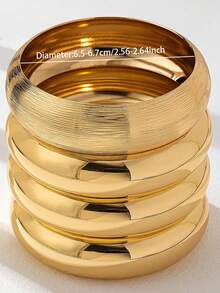 4pcs/Set Vintage Elegant Wide Plain Metal Bangle Bracelets, Suitable For Women's Daily, Party, Vacation And Multiple Occasions, Gift - Gold - View 5