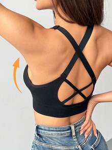 LianShengFa 1pc Backless Crisscross Strap High Elastic Wirefree Everyday Bra, Medium Impact Sports Seamless Racerback Yoga Bra, Breathable & Comfortable - Black - View 3