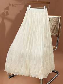 Women's Popular New Arrival Linen Bohemian Style Relaxed Pleated Ruched Midi Skirt - Apricot - View 3