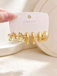 4-16pcs Women's Elegant Gold Stud Earrings Set, Exaggerated Large Five-Petal Flower, Bow, Shell, Conch Series Earrings Set, Made Of ABS Resin Material With High Color Retention Gold Plating Process, Resistant To Fading, Friendly To Sensitive Ears, Suitable For Daily Commute, Dating, Vacation And Holidays - Gold - View 8