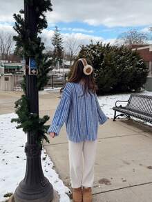 Women's Autumn/Winter Vintage Slouchy Casual Colorblock Vertical Striped Knit Sweater - Blue - View 3