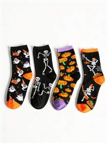 Halloween 4 Pairs Novelty Crew Socks Spooky Ghost Dancing Skeleton Pumpkin Graphic Mid Length Holiday Party Dress Up Socks - Multicolor - View 11