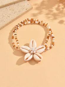 1pc Shell Faux Pearl Flower Pendant Anklet, Fashion Double Layer Rice Bead Decor Women's Foot Jewelry, Suitable For Daily Wear, Vacation, Date, Party, Music Festival, The Color And Quantity Arrangement Of Colored Rice Beads Are Random And Not Fixed - Multicolor - View 2