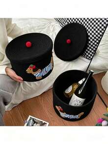 Large Capacity Dust-Proof Storage Bucket With Lid, Cute Puppy Pattern Home Storage Basket, Miscellaneous Items, Toys, Snacks Storage Box, Small And Large Sizes Available, Foldable Storage Bin - Black - View 4