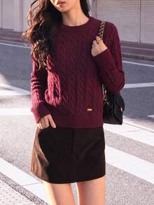 Women's Casual Minimalist Vintage Cable Knit Crew Neck Pullover Sweater, Autumn/Winter - Purplish-red - View 3