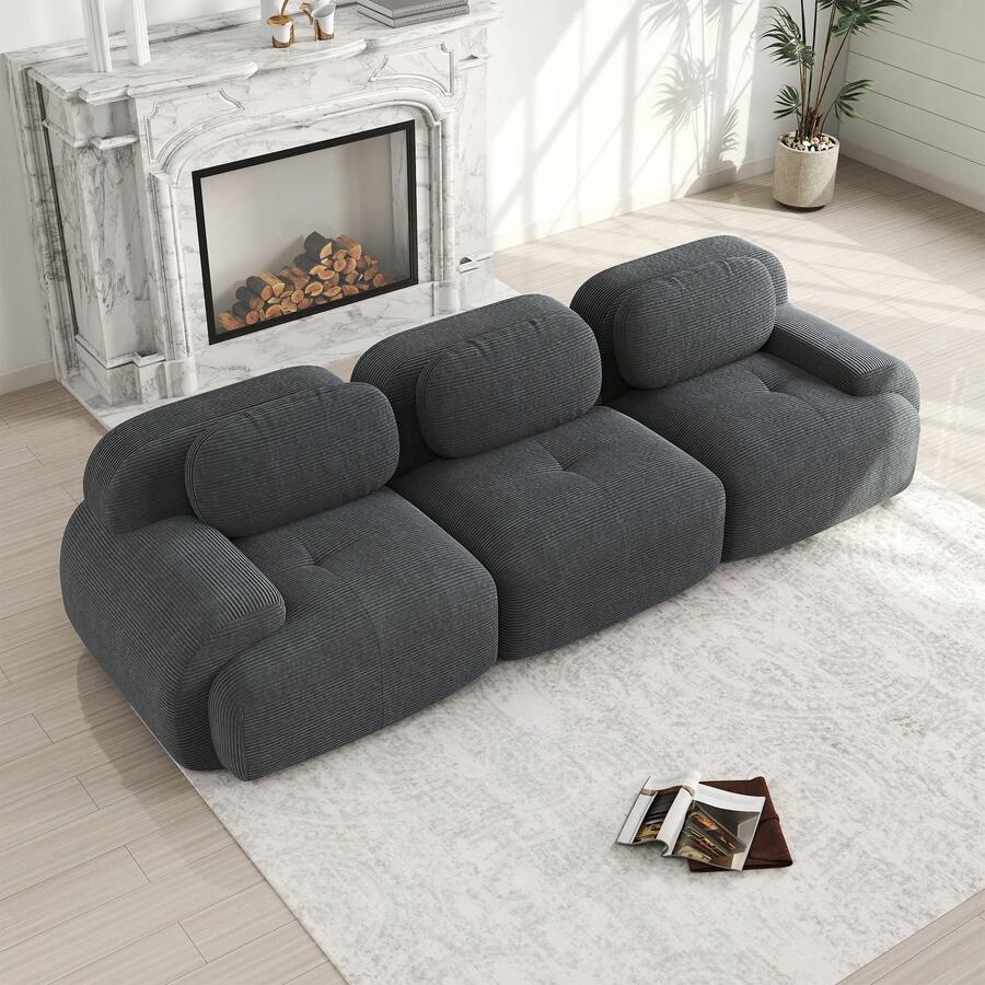Modular Sofa Grey Made Of Corduroy For Living Room And Lounge - 灰色三座 - 查看 1