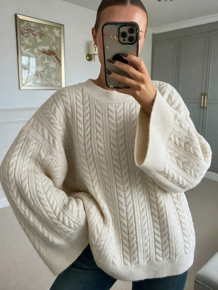 SEREN Women's New Vintage Cable Knit Round Neck Sweater, Loose Slouchy Long Sleeve Pullover, Suitable For Daily Wear And Outings - Apricot - View 1