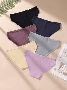 6pcs Solid Color Ribbed Cotton Women's Triangle Panties, Bodycon Casual Comfortable Underwear - Multicolor - View 6