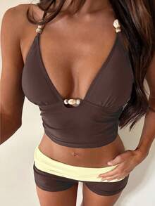 Women's Halter Tankini Swimwear Shorts Set, Suitable For World Cup, Casual Summer Vacation Beach Wear Brown - Brown - View 4