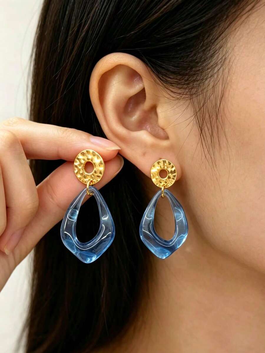 Gold-Tone Hammered Metal Earrings, Transparent Hollow Water Drop Resin Earrings For Women, Blue & Pink Two-Color Vacation Style Long Dangle Earrings - Geometric Earrings - View 1