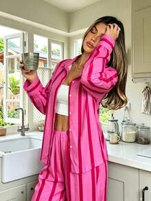 Nina Bonheur 2pcs Women Loose Comfortable Breathable Long Sleeve Top And Long Pants Pajama Set - Hot Pink - View 2