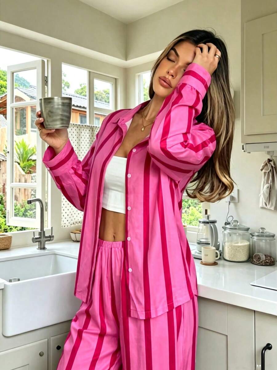 Nina Bonheur 2pcs Women Loose Comfortable Breathable Long Sleeve Top And Long Pants Pajama Set