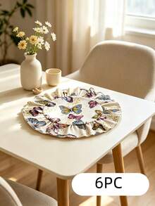 HXARTMIS 4/6/12/24/36PC Vintage Butterfly Print Round Scalloped Edge Placemats, Washable Heat-Resistant Table Mats, Suitable For Home, Party Decoration Dining Table Mats - Beige - View 7