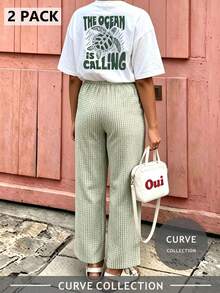 Plus Size Turtle Pattern T-Shirt & Green Plaid Pants 2 Pieces Set, Women's Green Plaid Patchwork Wide Leg Pants | Bow Waist Design | Elegant - Mint Green - View 3