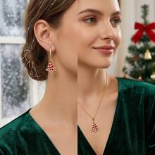 Women's Christmas Tree Jewelry Set, Gold Red Enamel Rhinestone Pendant Necklace And Hook Earrings, Holiday Party Christmas Gift - Gold - View 6