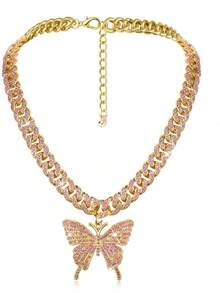 Unisex Punk Hip Hop Rock Party Rhinestone Embellished Glamorous Butterfly Pendant Necklace - Silver - View 9