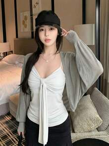 夏季灰色透視針織開襟短版女式開衫，優雅甜美休閒街頭 Y2K 風格長袖寬鬆針織上衣，適合秋季 - 灰色 - 查看 4