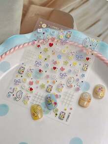 1/3/6pcs Macaron Button Bear Embossed Stickers, Colorful Round Button Cute Bear Head, Bow Tie Heart Star Combination, With English "SUMMER" Text, Suitable For Camera, Phone Case, Water Cup, Planner DIY Decoration. Handmade DIY Decorative Stickers, Can Decorate And Protect Lens From Wear, Express Yourself Decorative Protective Film - Multicolor - View 4