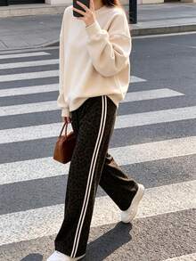 Women's Leopard Print Straight Leg Pants, Side Stripe Design, Spring/Autumn Casual Comfortable Woven Long Pants - Brown - View 3