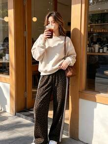 Women's Leopard Print Straight Leg Pants, Side Stripe Design, Spring/Autumn Casual Comfortable Woven Long Pants - Brown - View 4