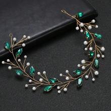 歐美流行綠色玻璃水鑽珍珠軟鏈髮箍 新娘婚禮手工髮飾 - 綠色 - 查看 9