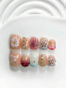 10片精緻手工穿戴甲，Polygel美甲套組，手雕花卉圖案，水滴形，藍紅指甲油，時尚風格，附美甲工具，3種尺寸可選：方形、短方形、杏仁形，適合派對、舞蹈、日常配戴 - 彩色 - 查看 20