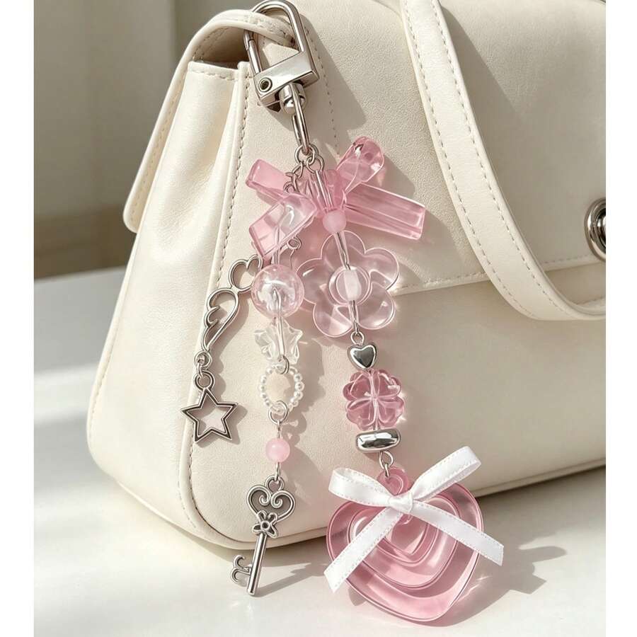 Cross-Border New Cute Sweet Cartoon Keychain, Ins Style Bag Charm, Crossbody Chain Heart Bow Keychain, Versatile Pendant - Pink - View 1
