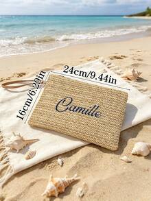 1pc Personalized Straw Handbag, Customized Bohemian Style Zipper Storage Bag With Wrist Strap And Zipper, Bridesmaid Makeup Bag, Summer Beach Vacation Clutch - Multicolor - View 12