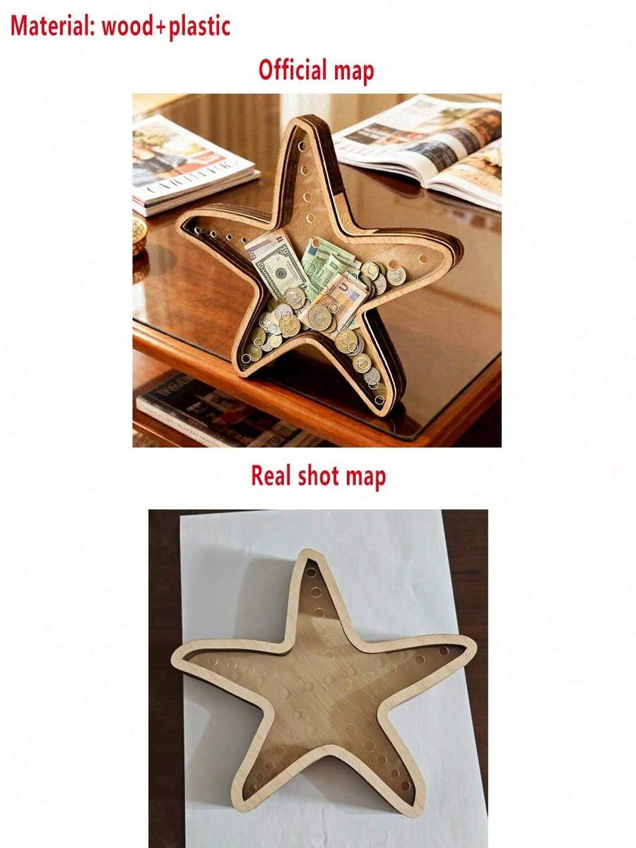 1pc Starfish Desktop Display Stand Ocean Theme Decor Jewelry Storage Rack Wooden Transparent Coin Bank Starfish Display Box Creative Wooden - Starfish - View 1