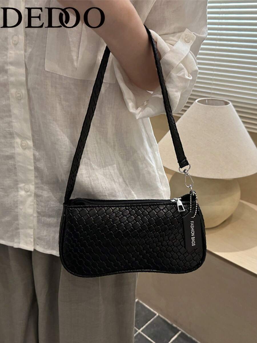Dedoo 女款法棍肩背包，編織壓紋PU材質，拉鍊開合附吊牌，細肩帶，極簡日常女士肩背包
