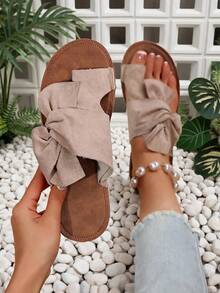 Women's Comfortable Rainbow Bow Decor Massage Bottom Flat Sandals, Colorful Beach Flip Flops,Spring Summer Outfits - Khaki - View 6