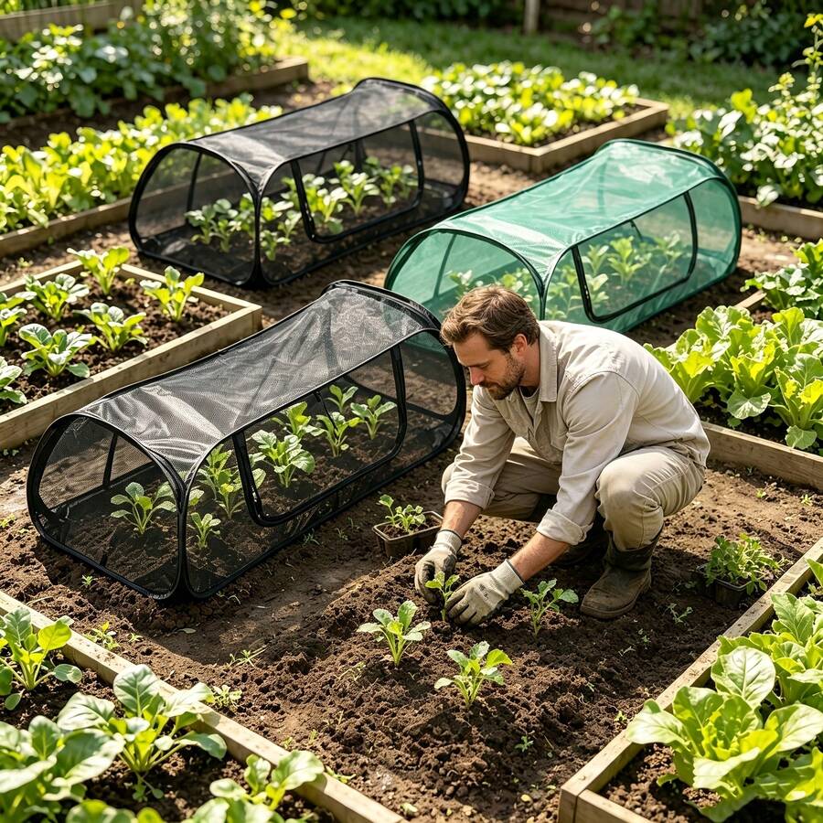 2pcs Garden Plant Protection Net Tent (Black & Green), Portable Pop-Up Cover With 8 Ground Stakes, Breathable Insect-Proof Mesh, Suitable For Vegetables - 2PCS (1 Black + 1 Green) - View 1
