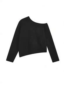 Women's Mohair Sweater Cold Shoulder Off Shoulder Asymmetrical Loose Slouchy Top - Black - View 4